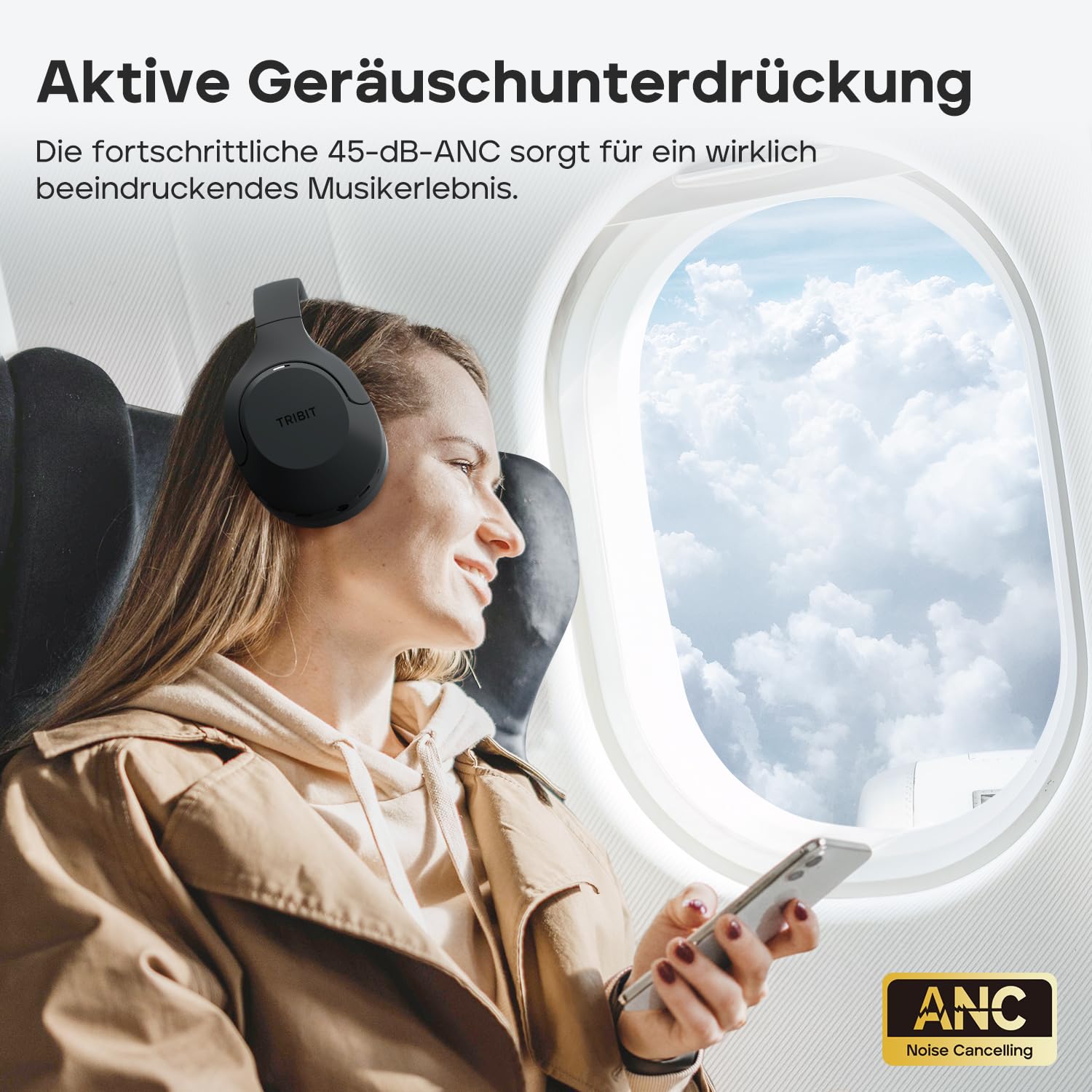 Tribit QuietPlus 81 Over-Ear Kopfhörer mit Noise Cancelling, 110 Std., Schnellladen, Bluetooth 6.0, Deep Bass, 6 EQ per App, kabelloser Bluetooth-Kopfhörer, faltbar und bequem, für Reisen und Arbeit