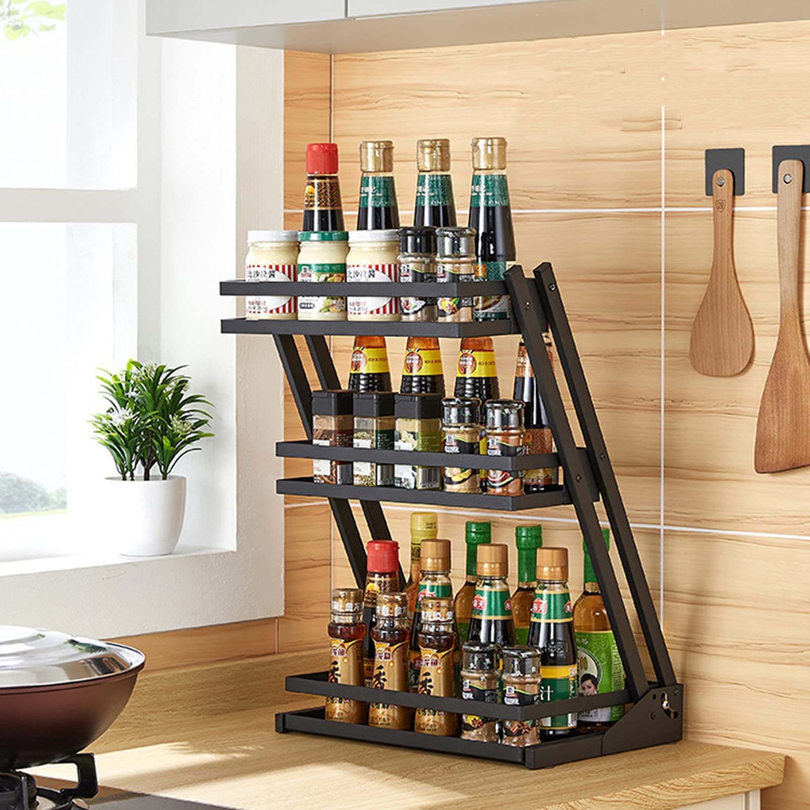 LDIW Soportes para Botes de Especias Estante de Almacenamiento de Encimera de Cocina, para Especias Condimentos, Jabones, Botelas, Frascos para Cocina, Baño, Dormitorio y Oficina,Negro,Second Floor