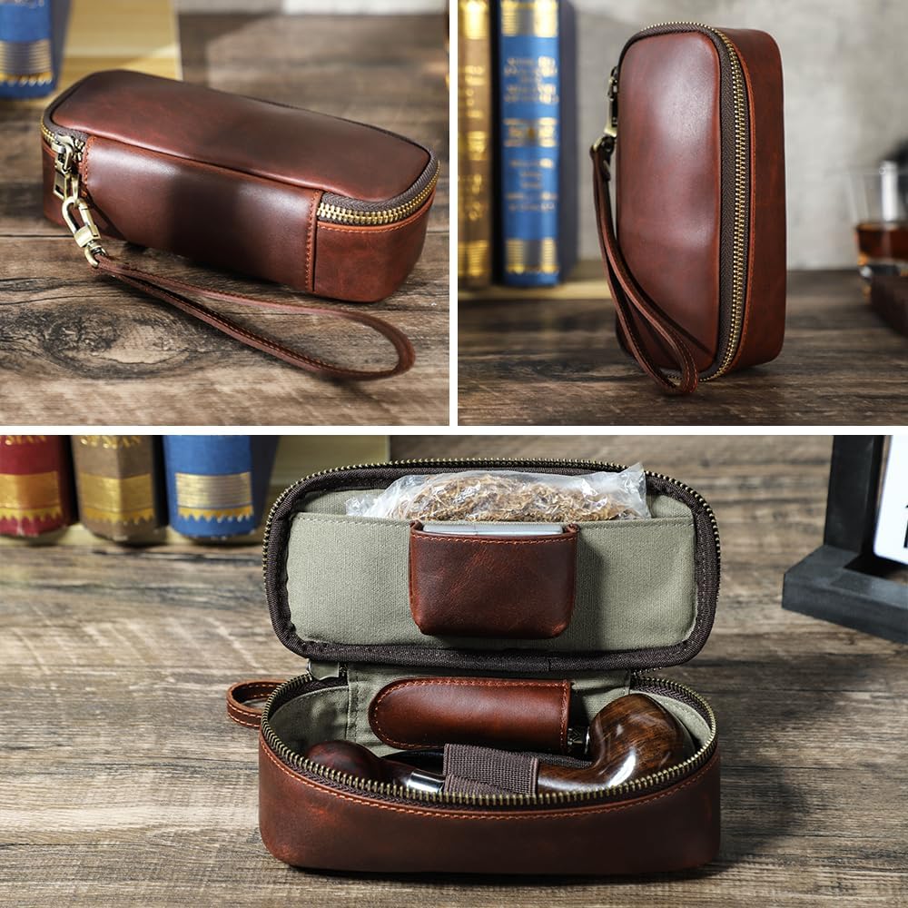 CONTACTS Full Grain Leather Small Pipe Tobacco Pouch Travel Smoking Pipe Organizer Portable Accessories Lighter Holder Tobacco Pipes Case for 2 Pipes
