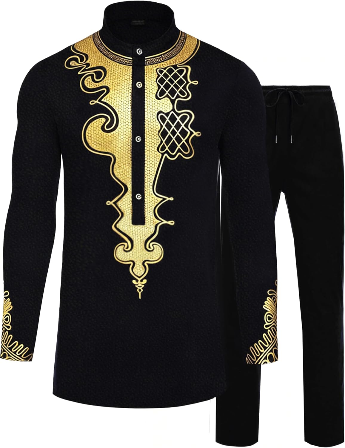 African Suits for Men Dashiki Metallic Suit Printed Shirt and Pants Outfit Traditional 2 Piece Set