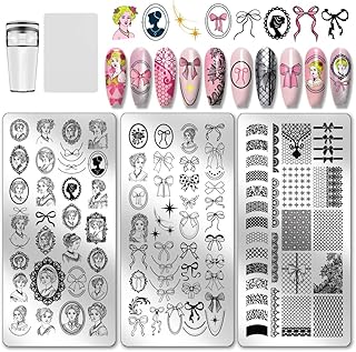 PH PandaHall 3pcs Retro Lady Portrait Nail Stamp Plates Bow Tie Nail Art...