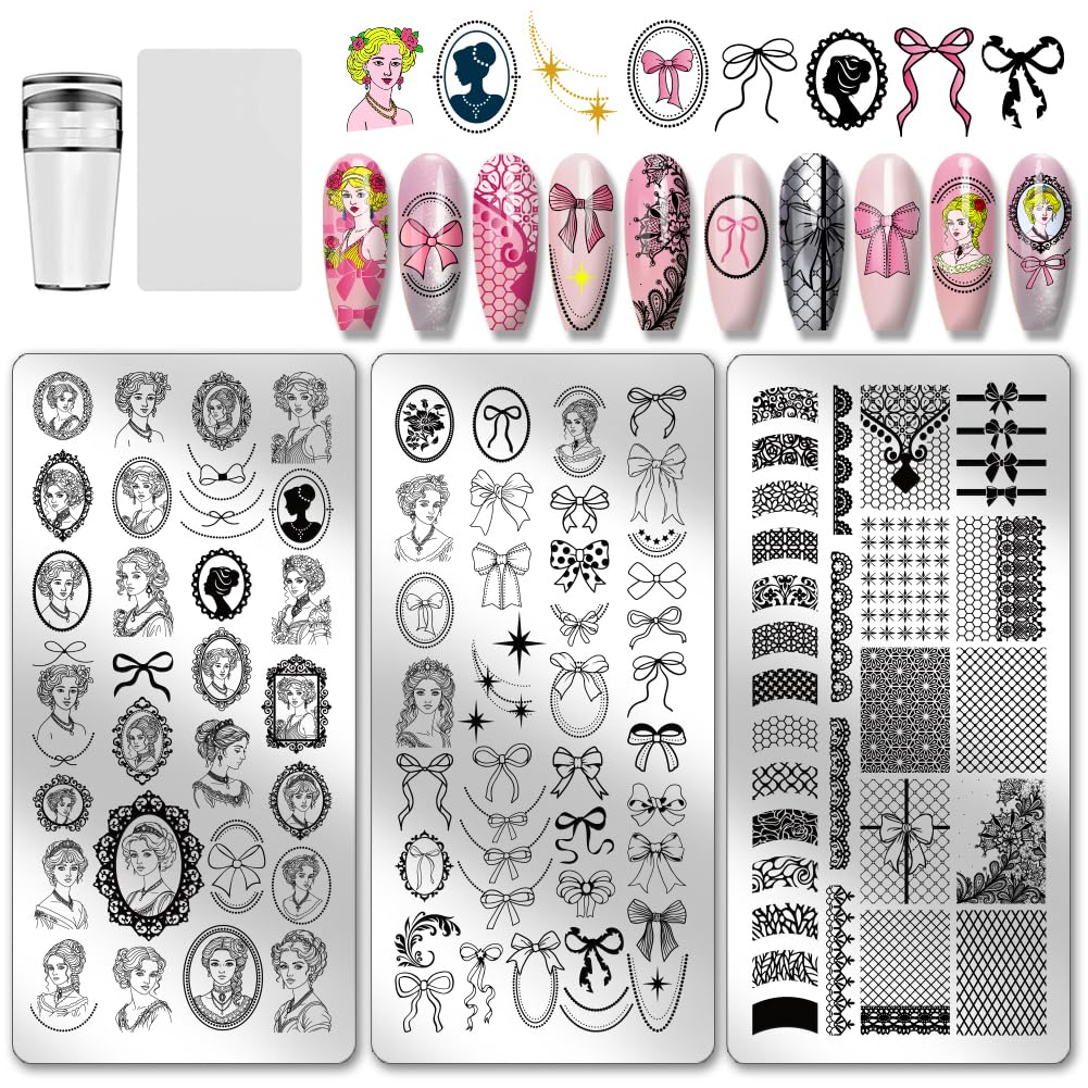 PH PandaHall 3pcs Retro Lady Portrait Nail Stamp Plates Bow Tie Nail Arts Templates Lace Ribbon Nails Art Stencils Vintage Style Nails Image Plates for Women DIY Manicures Salon Design Printing