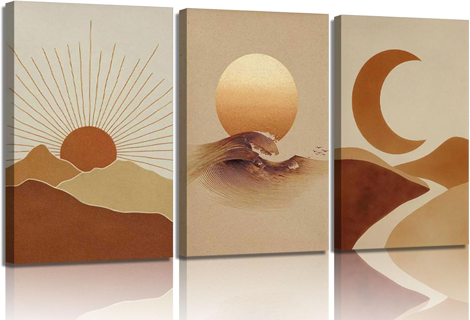 3Pcs Boho Sun and Moon Canvas Wall Art Abstract Poster Print Mid Century Modern Picture Earth Tone Minimalist Celestial Painting Wall Decor for Bedroom Living Room 12x16in Framed