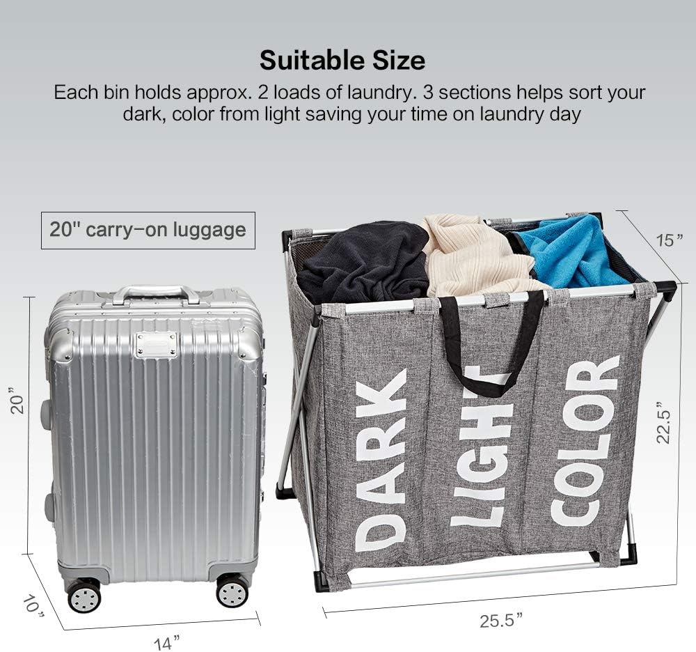 HOMEST Laundry Basket 3 Sections, Large Dirty Clothes Hamper Sorter for Bathroom, Foldable Hamper Divided, Grey