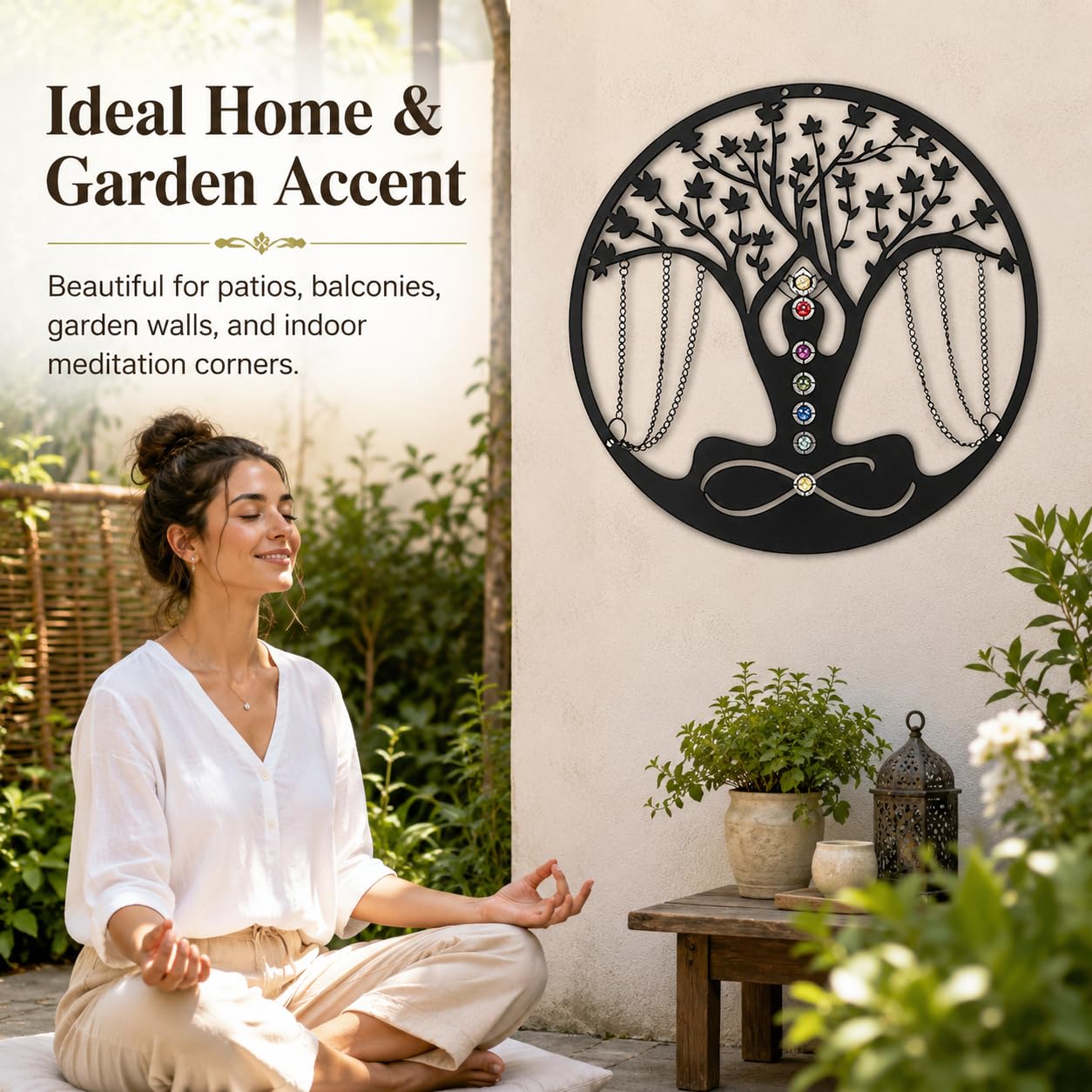 Decorazione da parete in metallo per yoga e meditazione nera, ideale come decorazione per la casa, per esterni, giardino, patio, soggiorno, camera da letto, collezione, per yoga, donna, 34 cm