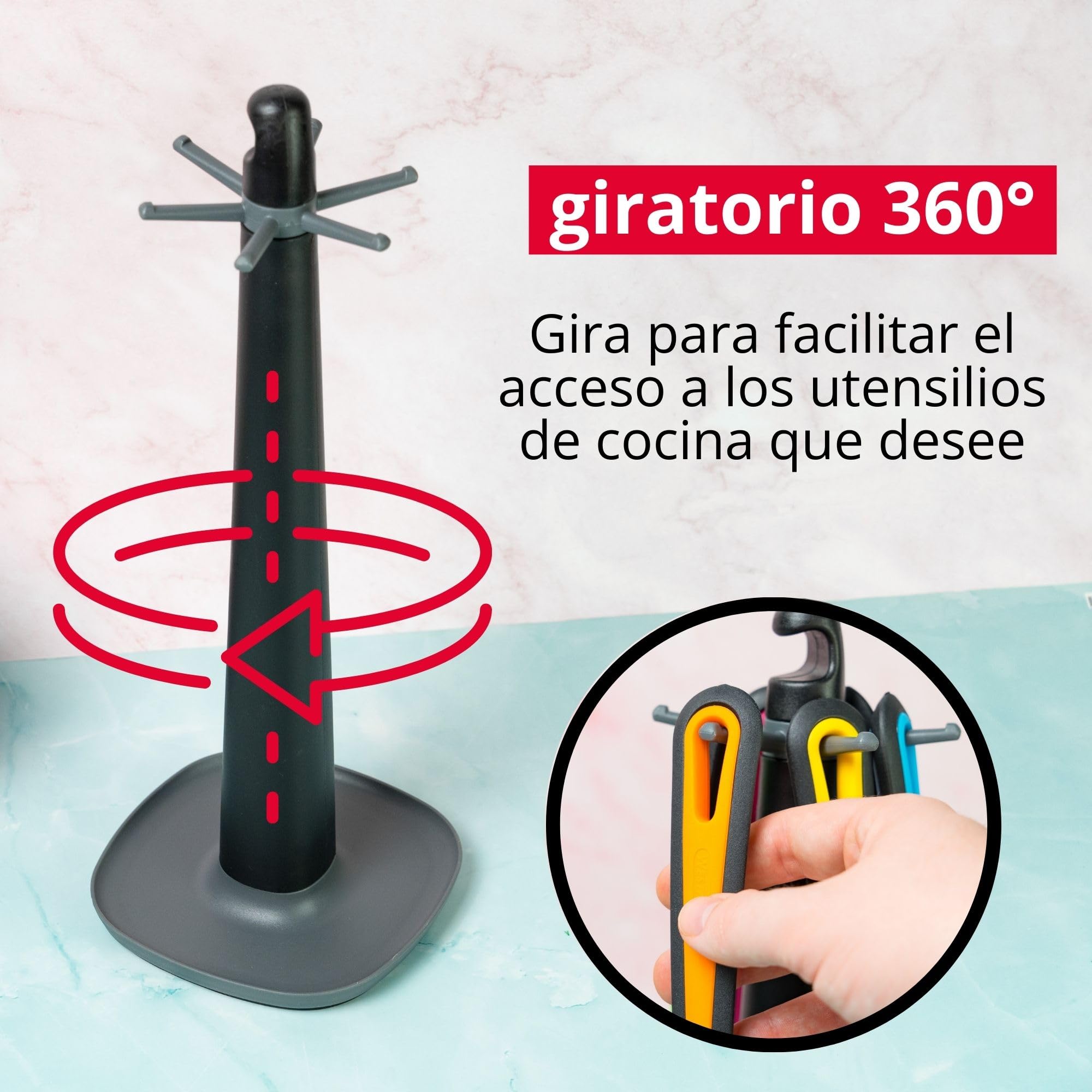 Westmark Utensilios de Cocina, Soporte giratorio con pasapurés, Cuchara, Cuchara para pasta, Cucharón sopero, Espumadera y Espátula, Multicolor, 7 piezas