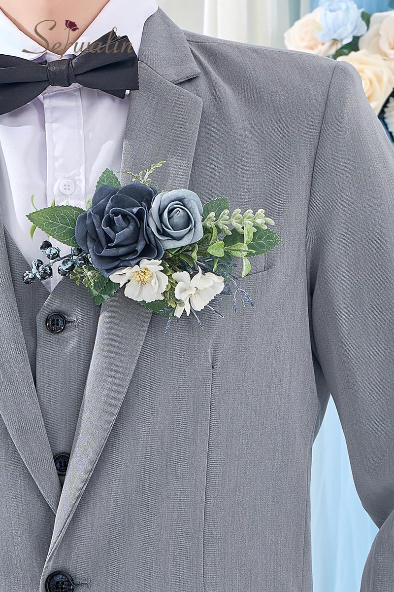 Serwalin 2 Pcs Wrist Corsage and Boutonniere Set, 6-7 Inch Dusty Blue Corsage for Wedding, Boutonniere for Men Corsage Wristlet Prom Ceremony Anniversary Accessories Suit