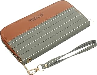 محفظة حريمي كبيرة مستطيلة ثنائية الطي من جلد صناعي تحتوي على جيب بسوستة وجيوب داخلية مقسمة لكروت العمل وتتضمن حزام يد بتصميم عملي- لون هافان وزيتي