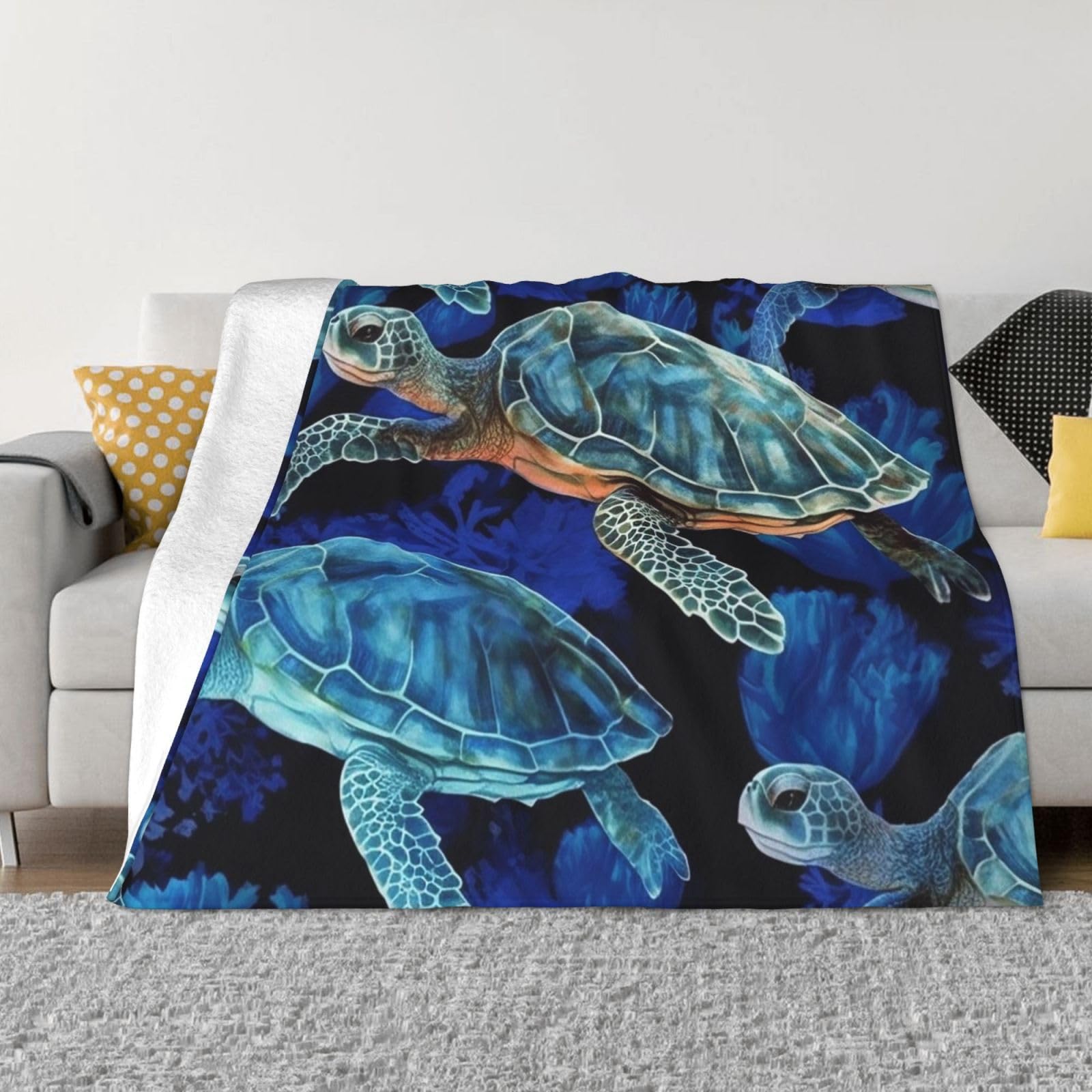 KLOPH Blue sea Turtle in Ocean Throw Blanket 40"x30" Flannel Fluffy Warm Blanket for Couch, Reversible Plush Blankets for Bed, Comfy Fuzzy Blanket for Sofa, Plush Lightweight-Blankets for All Season