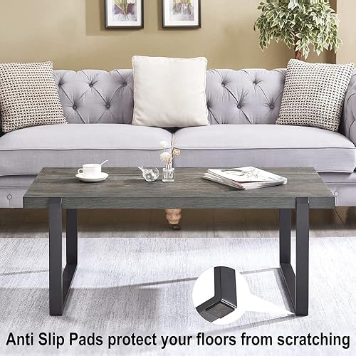 Miniatura 6 de EXCEFUR Mesa de café moderna, mesa central de madera rústica y metal, mesa de té rectangular de cóctel para sala de estar, gris, 44 pulgadas