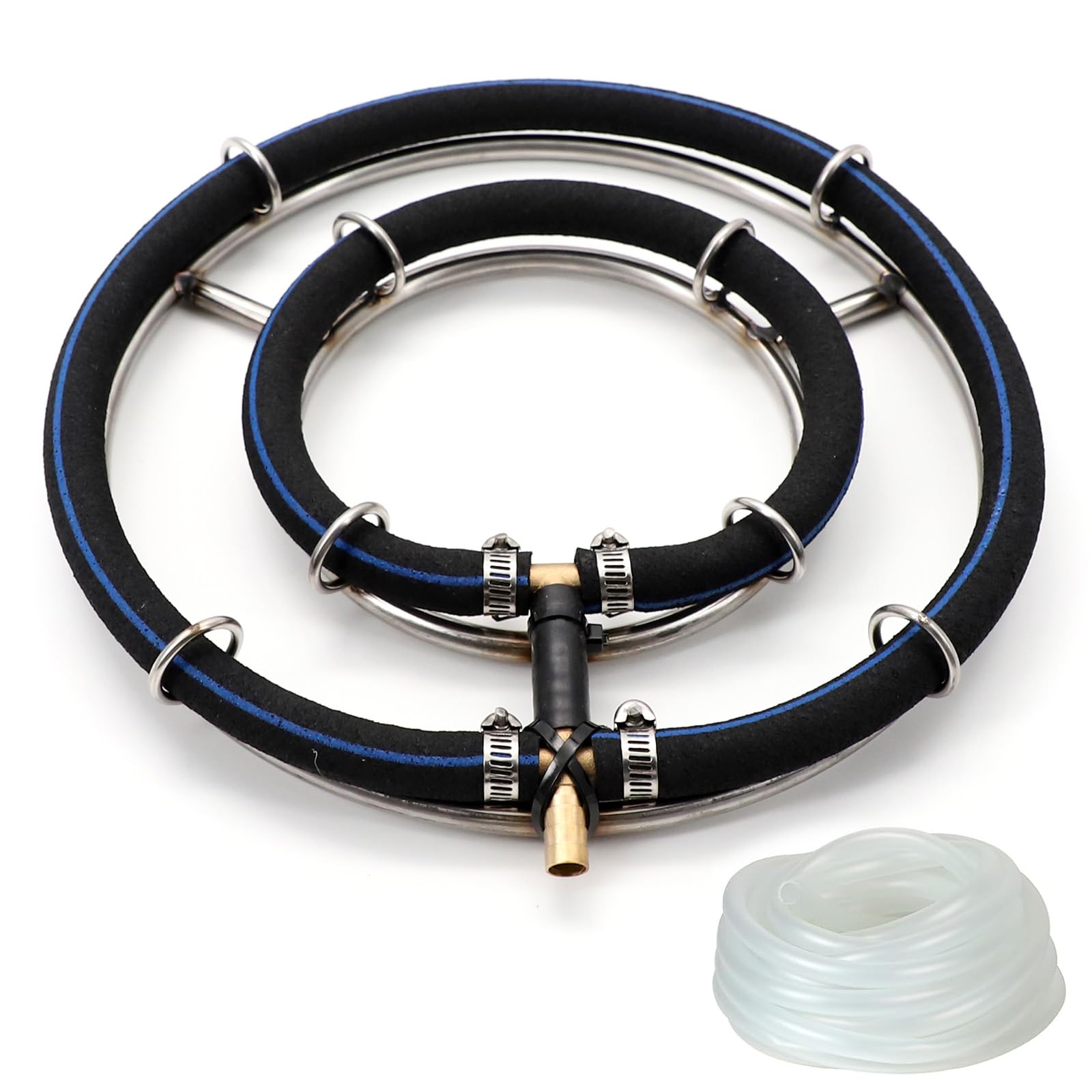 RANJIMA Belüfterring Koi Teich Belüftung Sauerstoff, Belüftungsring 2-in-1 Ringe Edelstahl 304, Rohrdurchmesser 8mm, mit φ9mm Schlauch 5m, für Gartenteich Aquarium Fischzucht (2 Schlaufe/Ø 25 cm)