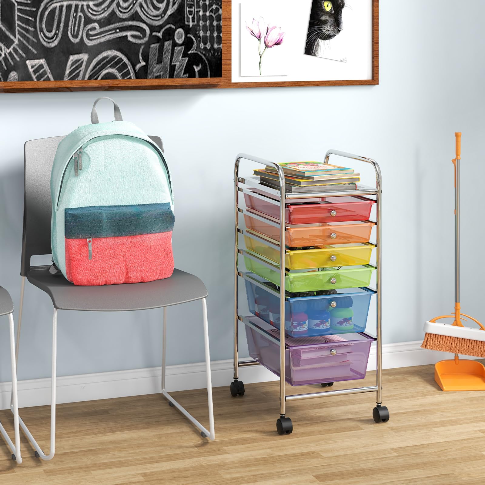 COSTWAY Chariot de Rangement à Roulettes avec 6 Tiroirs Plastiques, Tour de Rangement, Cadre en Métal, Desserte à Roulettes pour Bureau, Salon, Cuisine, Salle de Bain (Multicolore)