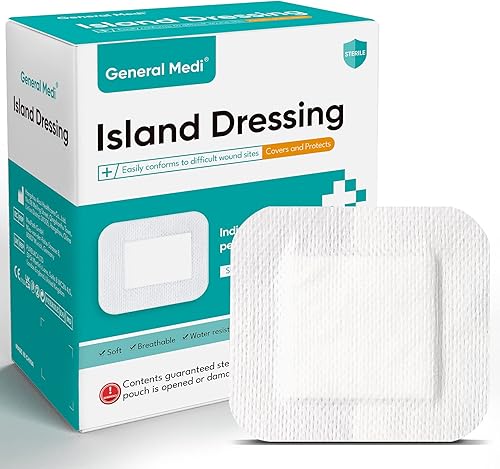 General Medi Sterile Island - 50 almohadillas de gasa de 4 x 4 pulgadas, almohadilla para el cuidado de heridas con borde adhesivo, estéril, suave y