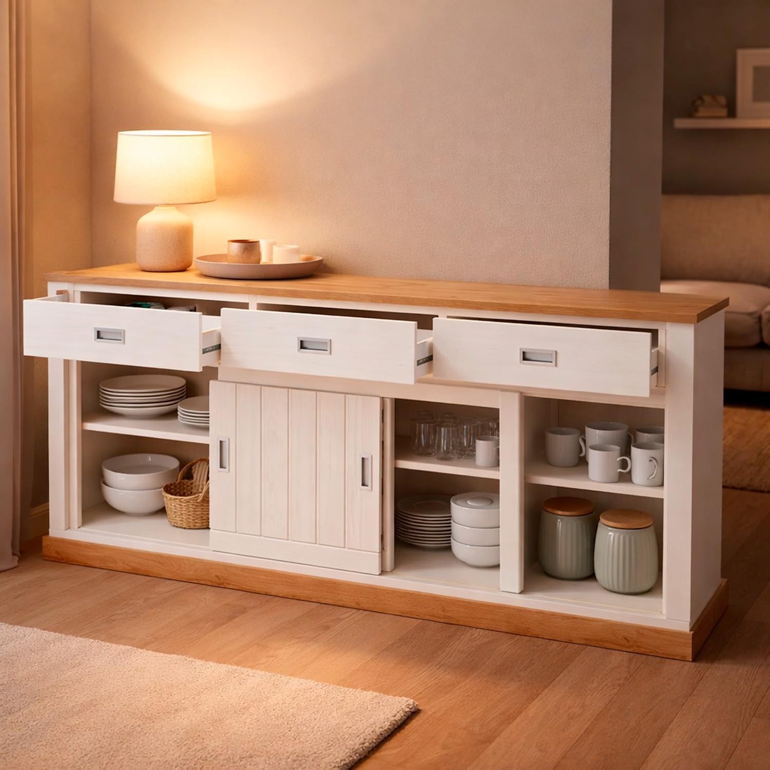 Arreditaly Credenza Soggiorno 3 Cassetti 2 Ante Scorrevoli 4 Ripiani Interni Mobile Buffet Madia Dispensa Cucina Zona Living Design Classico Moderno 220 x 50 x 95 Cm (Bianco e Rovere)