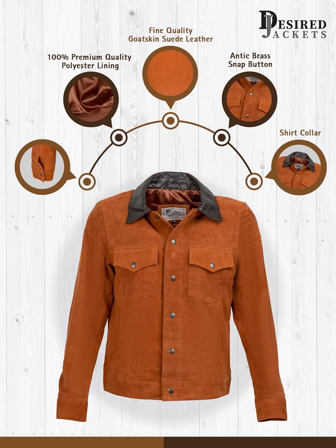Men's Rustic Brown Real Goat Suede Leather Trucker Jacket Genuine Leather with Shirt Collar for Man
