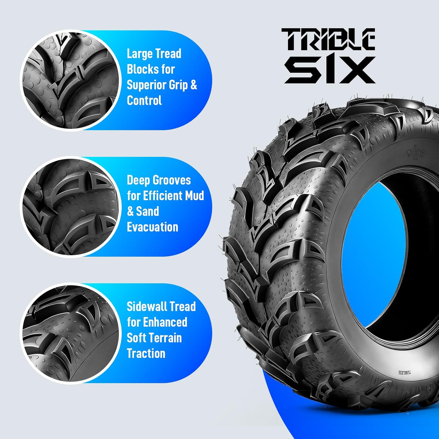 TRIBLE SIX 25x8-12 & 25x10-12 ATV UTV Tires,6 PR Full Set All-Terrain Tires 25x8x12 25x10x12 for Sand Mud Trail,Directional Tread,Tubeless (Pack of 4)