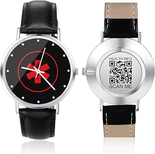 Upgraded Medical Bracelets Watch for Men Women with QR Code Medical Alert ID Bracelets-Leather Stainless Steel 9''-10'' Wristband - 20mm Easy to Read Dial Watch - More Space Record Emergency Medical Info
