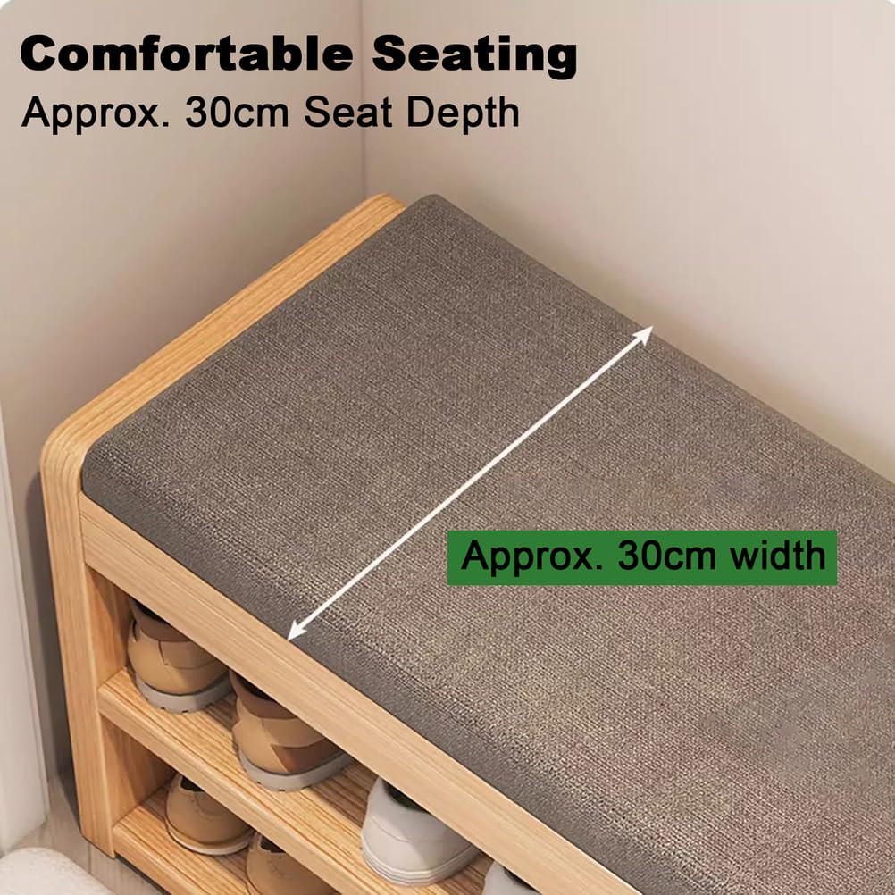 Bancos para Zapatos En La Entrada Estantes para Zapatos En El Pasillo con Cojín Taburetes De Dos Niveles con Espacio Bancos para Zapatos De Madera Maciza para El Salón,Natural,100×30×45.5cm