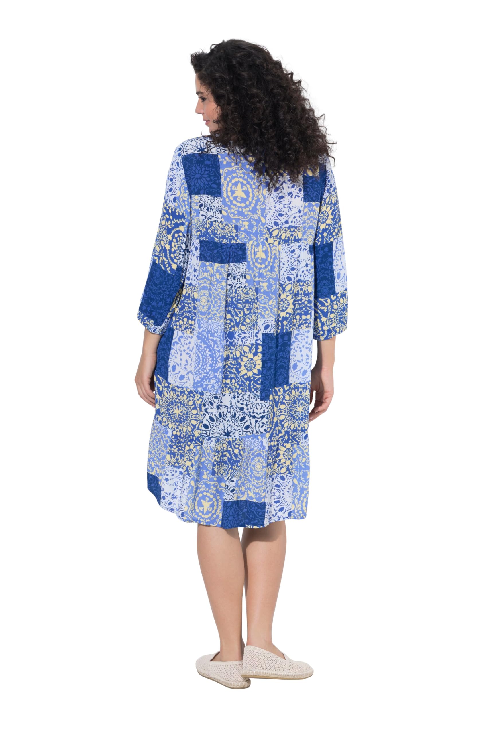 Ulla Popken Damen große Größen Übergrößen Plus Size Kleid, Kachelmuster, A-Linie, V-Ausschnitt, 3/4-Arm 848221