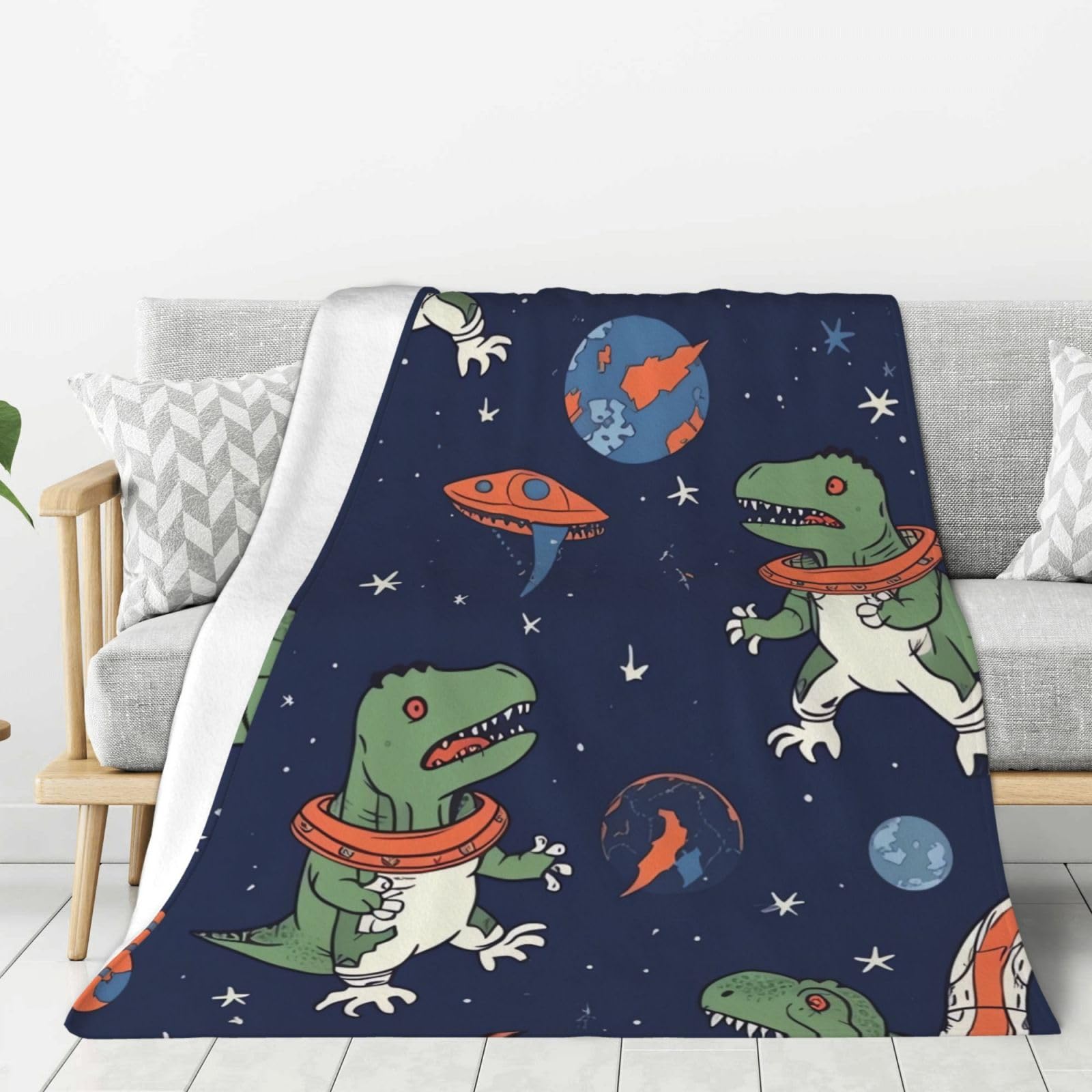 Funny Astronaut Dinosaur Rocket Throw Blanket Plush Flannel Fleece Blanket, Soft Lightweight Cozy Blankets 50"X40" for Bed Couch Sofa Travel