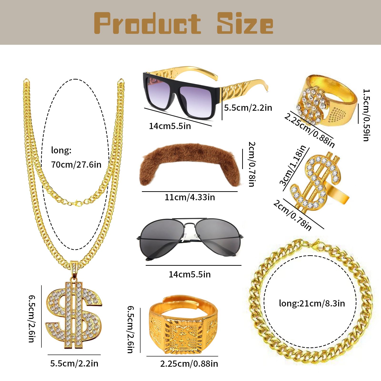 80s 90s Hip Hop Costume, 10Pcs Hippie Rapper Costume Accessories with 1 Gold Dollar Chain Necklace, 1 Bracelet, 5 Rings - Image 2