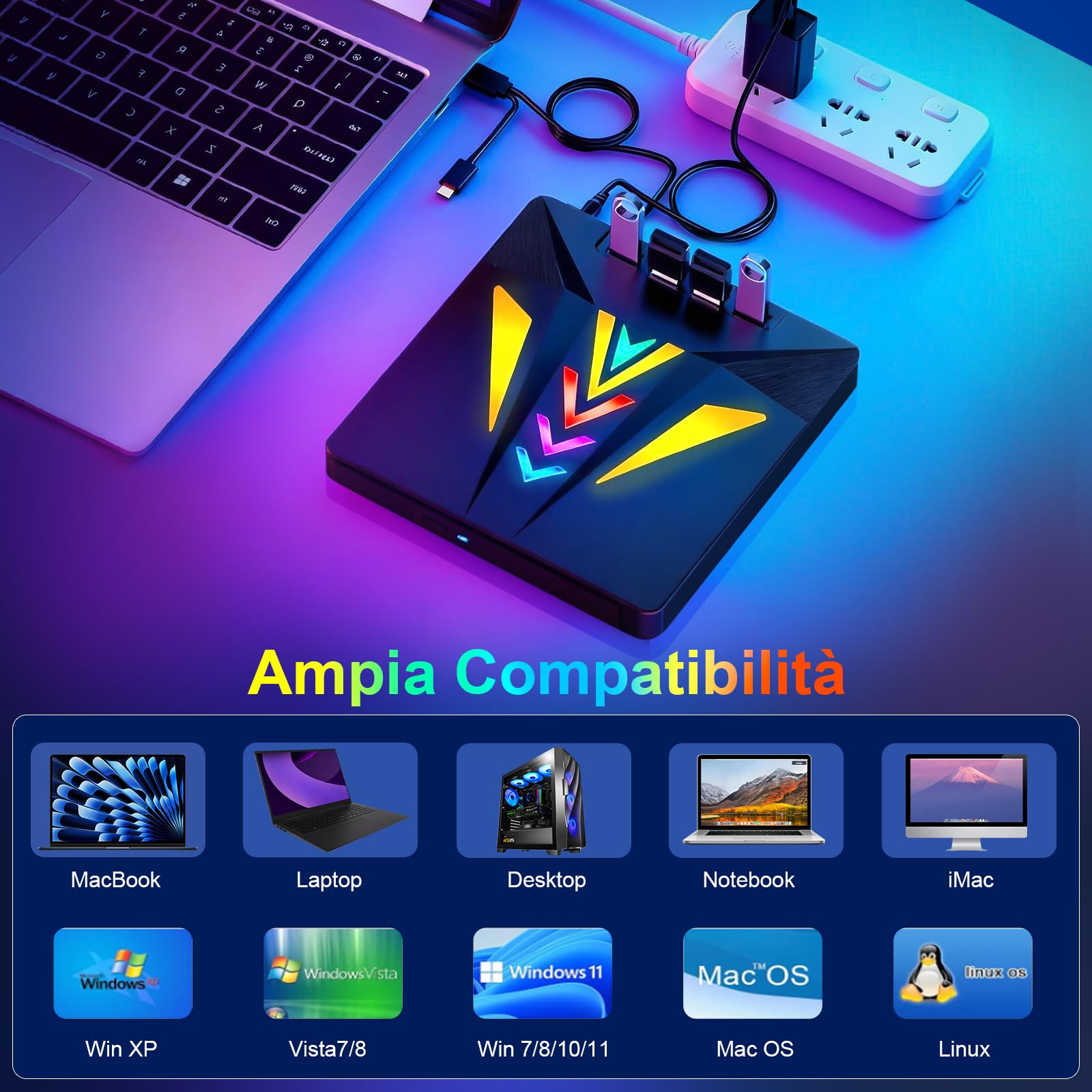 Lettore CD/DVD Esterno per PC Portatile, Masterizzatore DVD Esterno Unità Esterna CD/DVD Velocità 5 Gbps 4 Porte USB 3.0 -/+RW/ROM per Windows 11/10/8/7/XP/Vista, Linux, MacOS, Laptop, Desktop