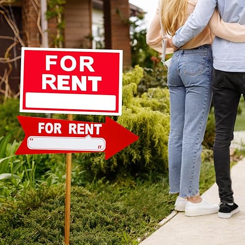 Miniatura 4 de Barydat 12 letreros de patio de alquiler con estacas de 17 x 6 pulgadas, plástico de doble cara para alquiler de garaje, venta de flechas con