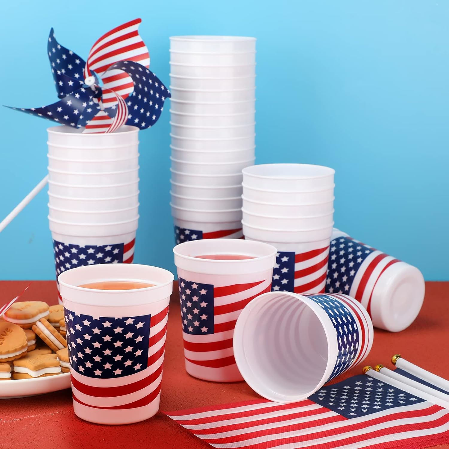 Sabary 64 Pieces Patriotic Plastic Cups American Flag Party Cup for 4th of July White Red and Blue Mugs 16 oz Star Tumbler for Independence Day Party Supplies Veteran Decoration Gift(Classic)