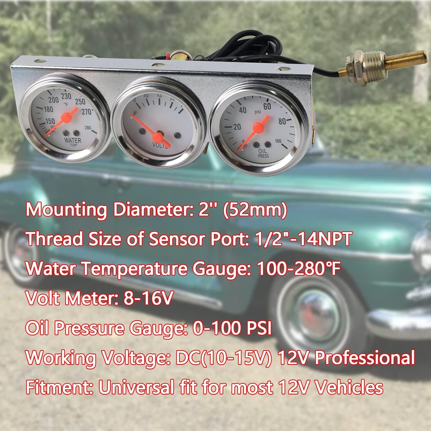 Triple Gauge Kit Oil/Volt/Water Gauge,2"/52mm Chrome Panel 3in1 Car Meter Oil Pressure Fahrenheit Water Temp Ammeter Triple Gauge Kit
