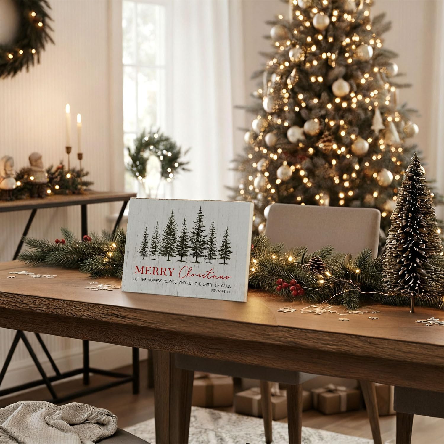 ChissNook Merry Christmas Canvas Art Wall Decor, Psalm 96:11 Bible Verse Framed Religious Scripture Decor, Winter Christian Pine Tree Wall Art Canvas for Home, 12x16 Inches
