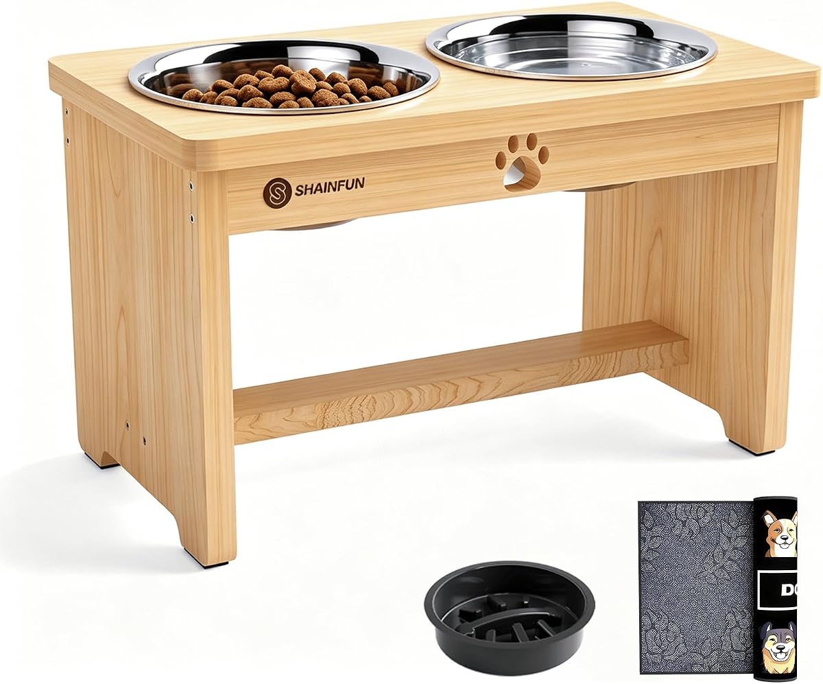 Elevated Dog Bowls with Slow Feeder & Mat for Medium and Large Dogs, 10" Tall Wooden Raised Dog Bowl Stand, 2 Stainless Steel 58oz Bowls for Food & Water