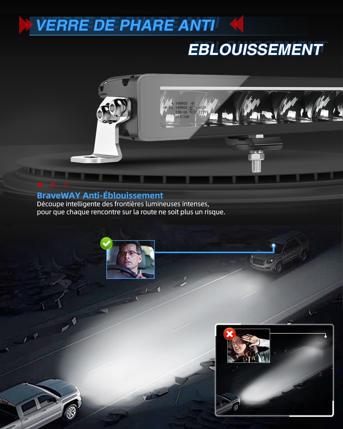 BraveWAY 21" 15000LM Barre LED avec DRL Anti-Éblouissement Projecteur Longue Portée Homologué ECE Rampe LED 4x4 Pour Tracteurs Agricoles Camions Caravanes Quad SSV avec Kit de Câblage