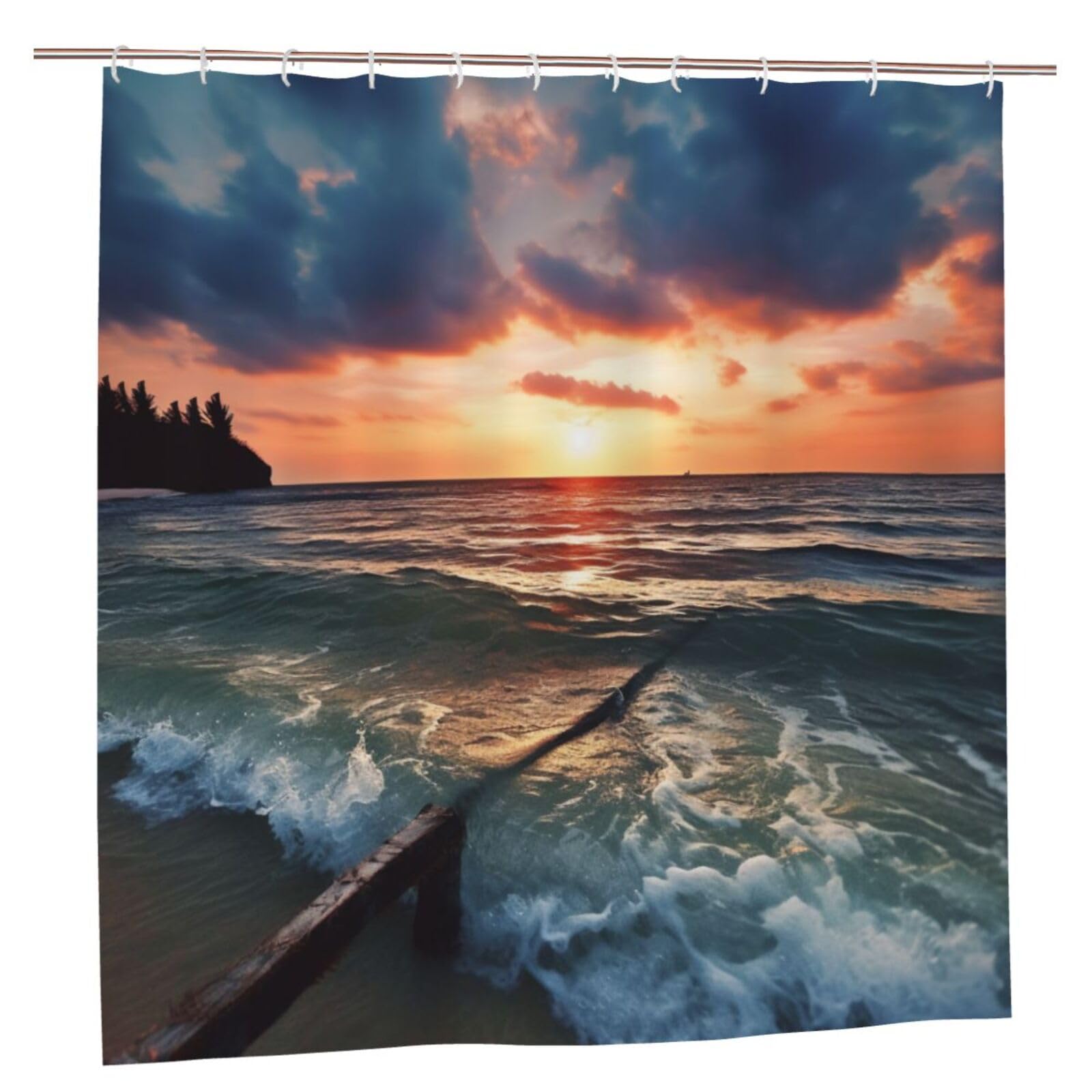 BWWHCCTI Sea at Sunset Printed Shower Curtain With 12 Plastic Hooks Opaque Quick Drying Waterproof Shower Curtains Sets For Bathroom 183x183 CM