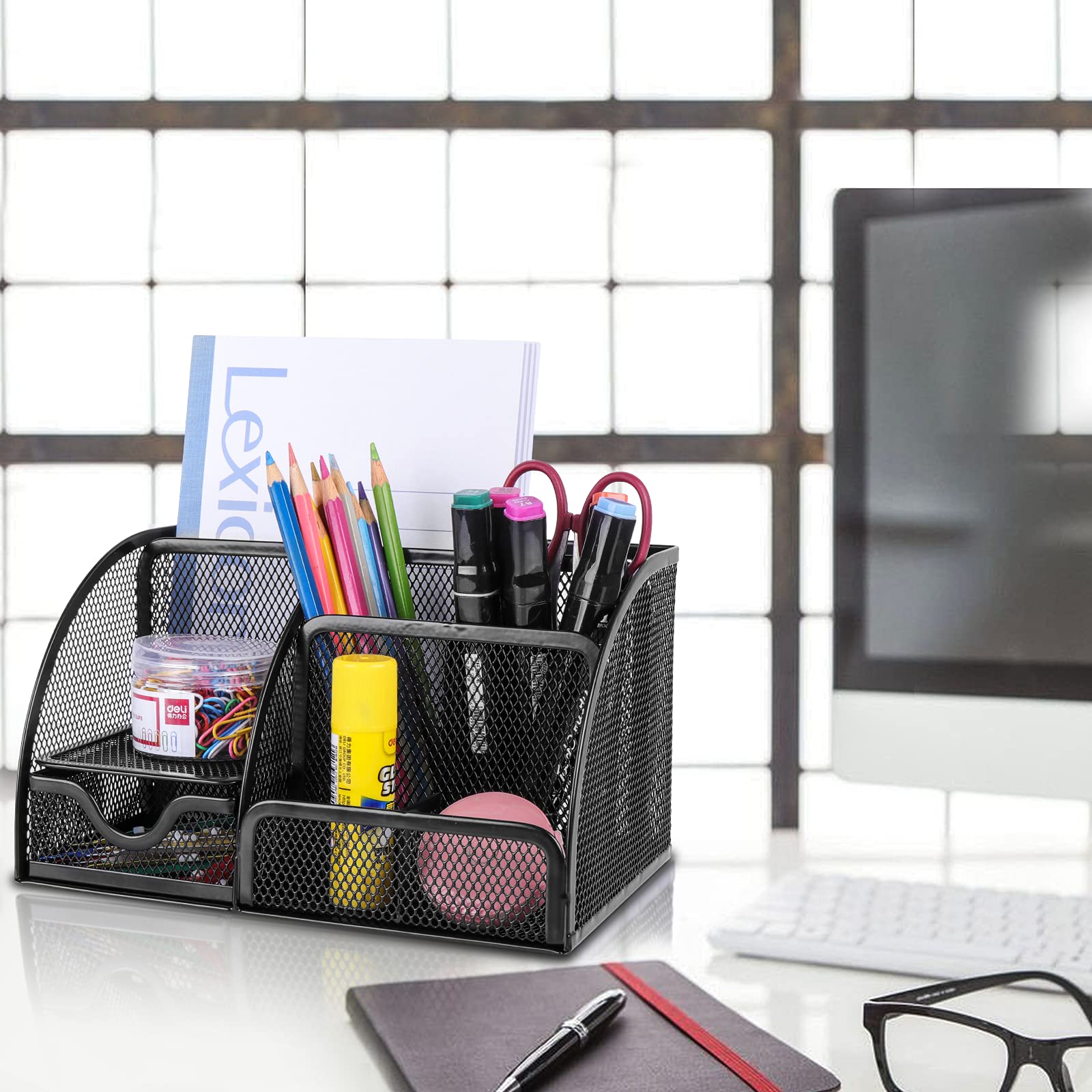 HOPECK Organizer Office Accessories, Multi-Functional Mesh Desk Organizer with 6 Compartments and 1 Drawer for Home, School, Workshop, kitchen (Black) 4