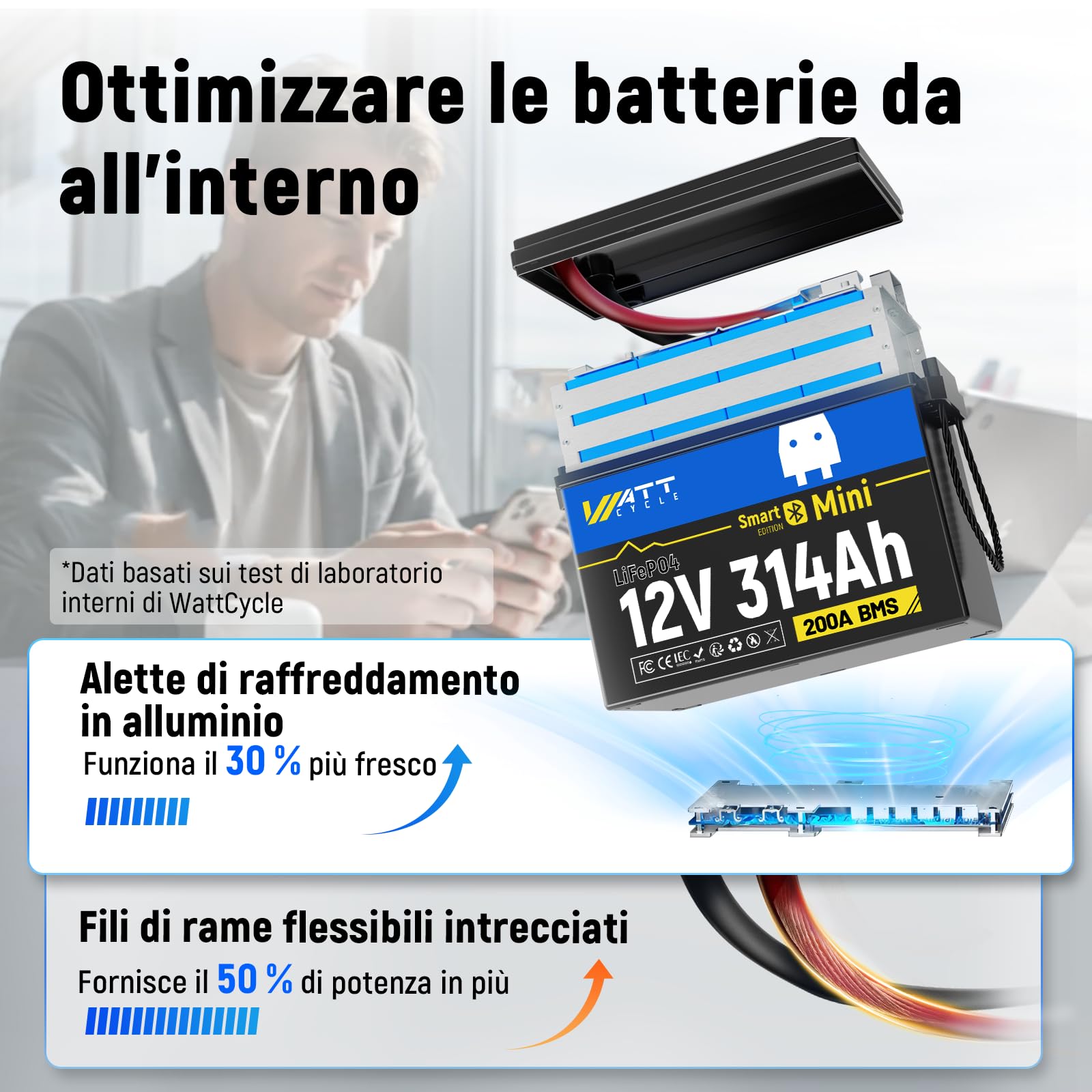 Wattcycle Batteria al Litio LiFePO4 12V 314Ah, 4019Wh, con BMS 200A Integrato, Protezione Bassa Temperatura, per Nautica, Camper, Sistemi Solari e Off-Grid