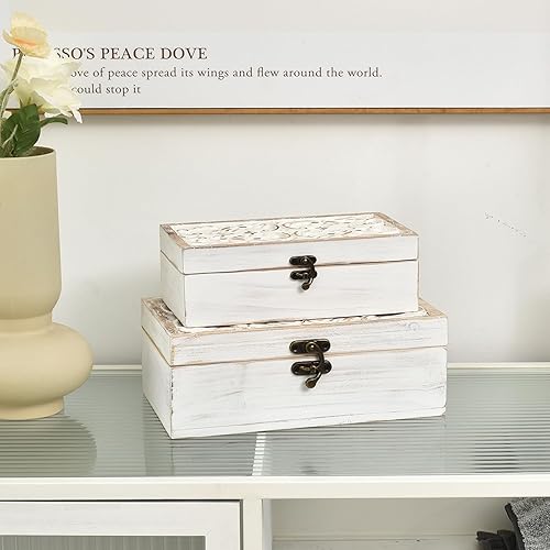 Caja decorativa de madera con tapa con bisagras, almacenamiento floral tallado atemporal para decoración rústica de granja, juego de 2, color blanco