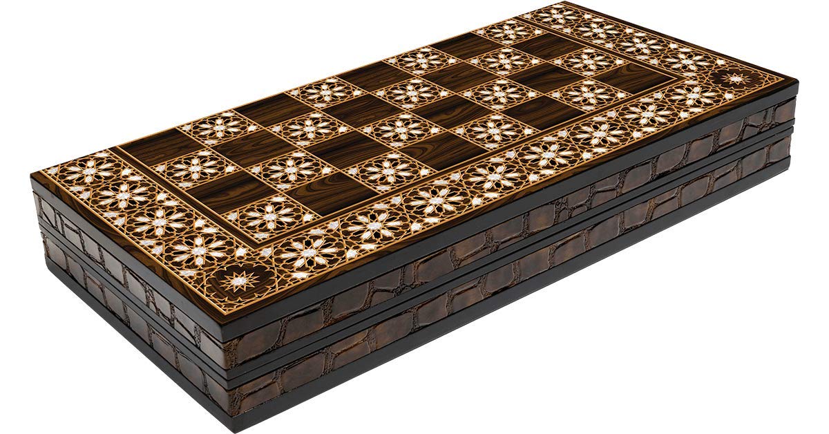 Turkish Backgammon Set, Nacreous Wooden and Leather Covering, Board Game for Family Nights, Modern Elite Vinyl Unscratchable Tavla for Adults and Couples, Magnetic Closing Meachanism by LaModaHome