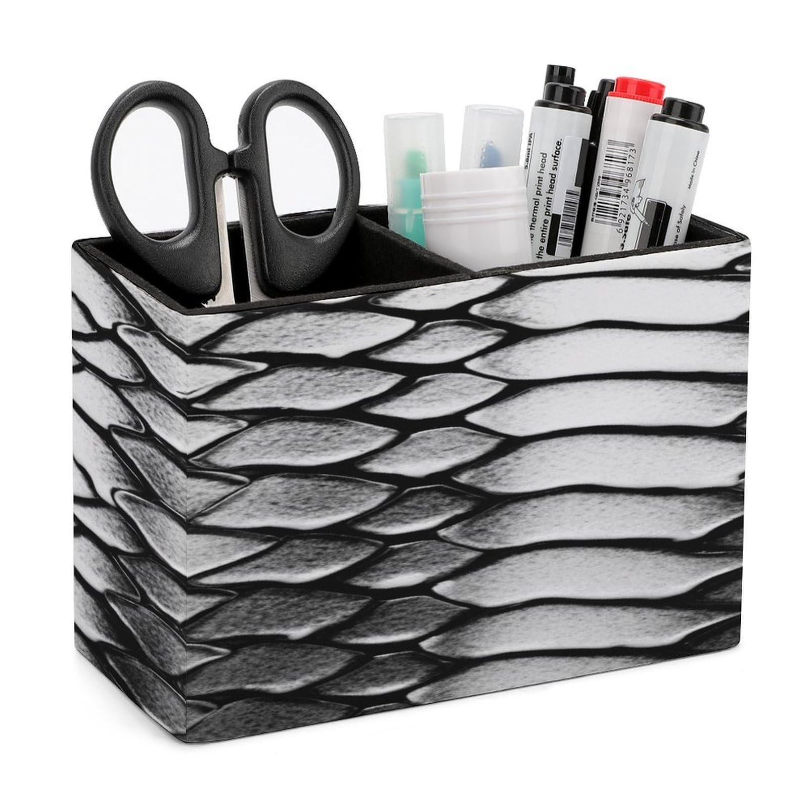 LZQPOEAS Snake Skin Black And White Leather Pen Holder Square Pencil Holder Multi-Functional Desk Organizer Modern Pen Cup Pencil Cup Minimalist Desktop Stationery Organizer for Desk Office Home