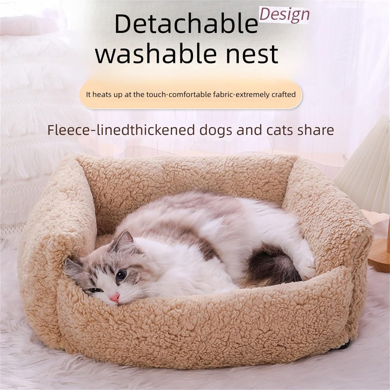 Cozy Heated Pet Bed Detachable Cotton Cover Plush Lining Stable Base for Small Animals Washable Bed with Removable Cover