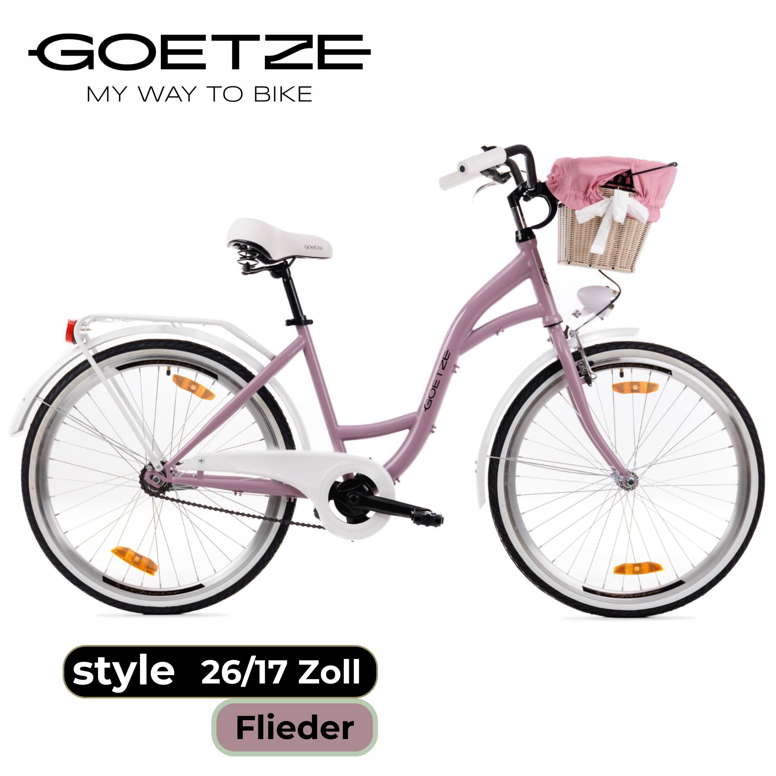 Goetze Style 26 Zoll Damen Citybike, 17 Zoll Tiefeinsteiger Rahmen, 1-Gang Rücktrittbremse, V-Bremse vorne, LED-Beleuchtung, Gepäckträger, Rattankorb, Komfortsattel, mit Ständer & Klingel