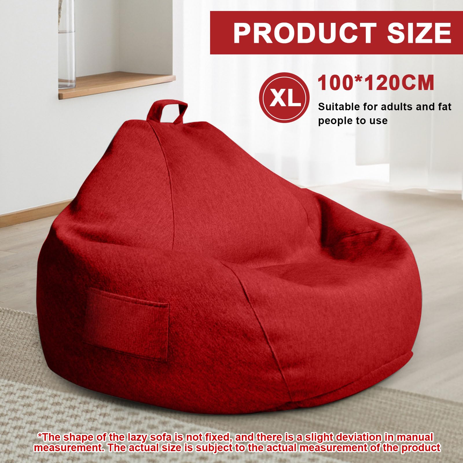 Pouf XL Bean Bag 100 x 120 cm rosso rivestimento esterni con chiusura lampo