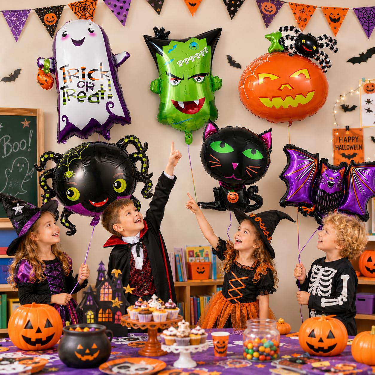 Halloween Deko Folienballon Set, 6 Stück XXL Luftballon Geist Katze Spinne Kürbis Fledermaus Grün Monster Kopf Happy Halloween Ballon für Kinder Horror Thema Trick or Treat Gruselig Party Dekoration