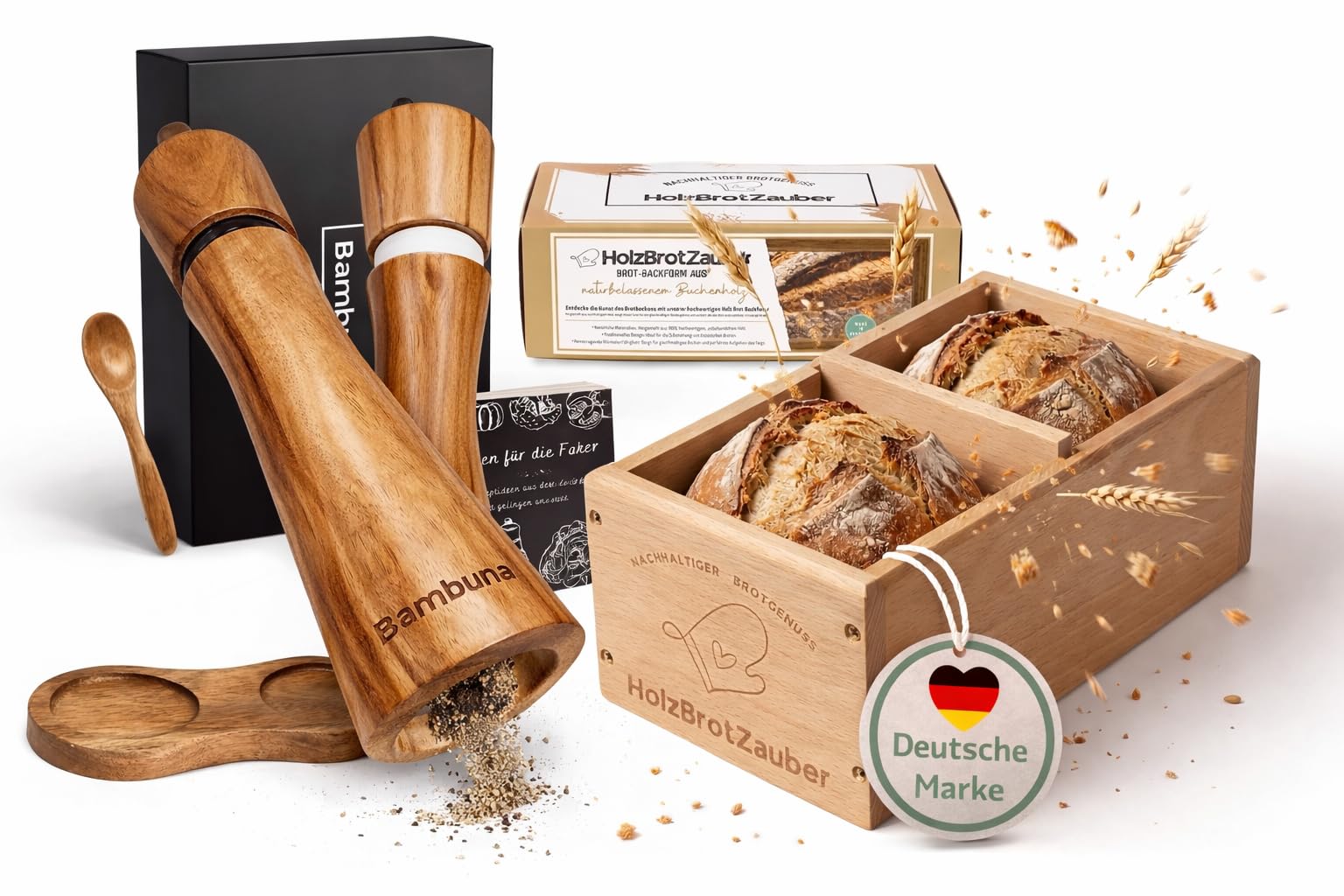 Bambuna Holzbackform Set mit Salz- & Pfeffermühle – Brotbackform für Sauerteig & Artisan Brot + Gewürzmühlen Set – Brot backen Zubehör Küche Geschenk Set