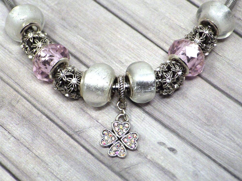 Parure charms mujer de acero inoxidable con collar pulsera y colgante trébol con cristales