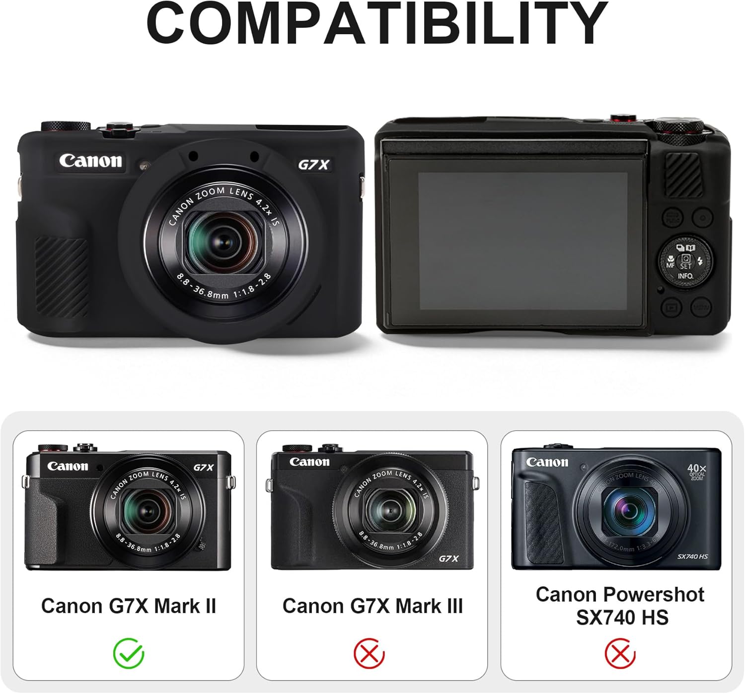BOVKE Hard Case + Silicone Cover for Canon PowerShot G7 X Mark II Digital Camera, Shockproof EVA Storage Bag with Soft Silicone Protective Case, Removable Lens Cover, Wrist Strap, Black