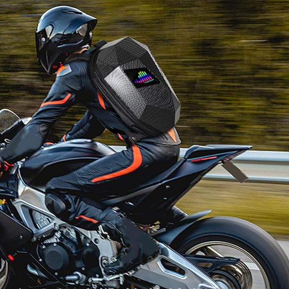 Motorcycle Backpack for Men, Programmable Motorcycle Backpack, Hard Shell LED Backpack, Waterproof Carbon Fiber Textured Digital Backpack for Travel Motorcycle