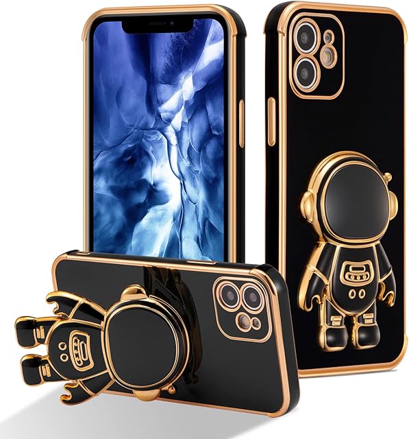 RALEAVO Compatible with iPhone 12 (6.1") Case with Cute Astronaut Kickstand Design Shockproof Plating Phone Case for iPhone 12-Black