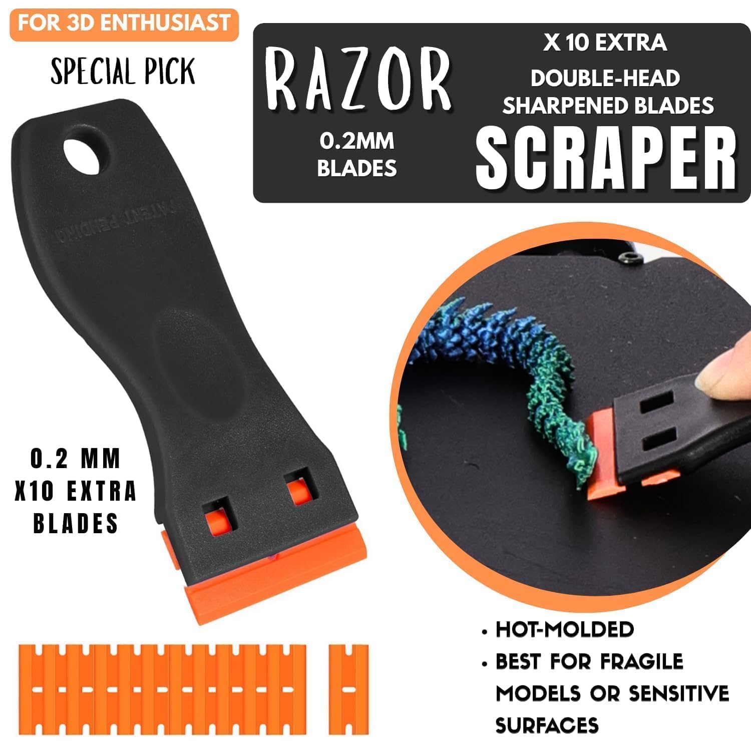 Kit di raschietti per la rimozione di stampanti 3D di alta qualità, 4 tipi di lame affilate e 10 lame extra, raschietti per stampante 3D per una separazione rapida di modelli grandi, medi e piccoli