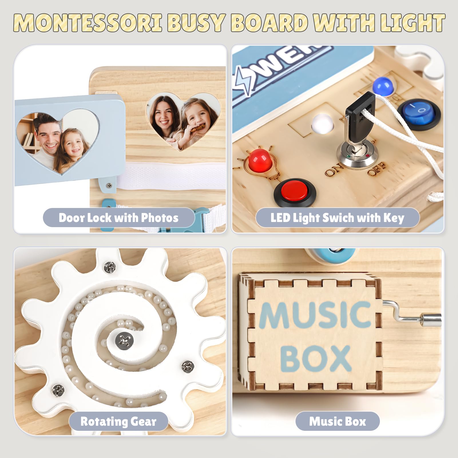 Joyreal Pannello Sensoriale Bambini Montessori - LED Busy Board Giochi Montessori Tavola Sensoriale Legno con Carillon Specchio Neonati Giochi Educativi Regalo