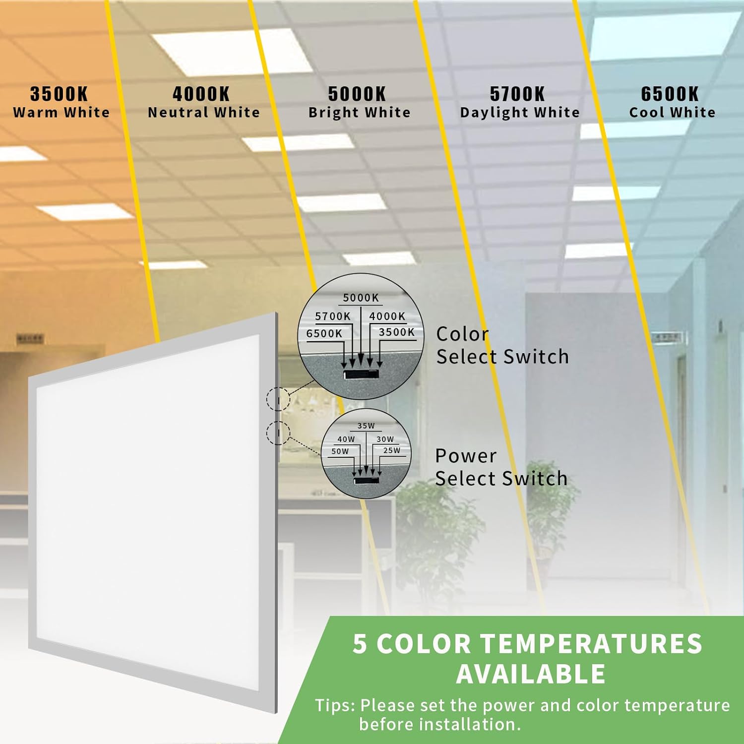 Close-up of CCT and Power Select Switches on the LED panel light driver.